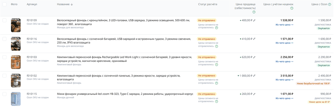 Новые цены и диагностика в таблице товаров сегмента